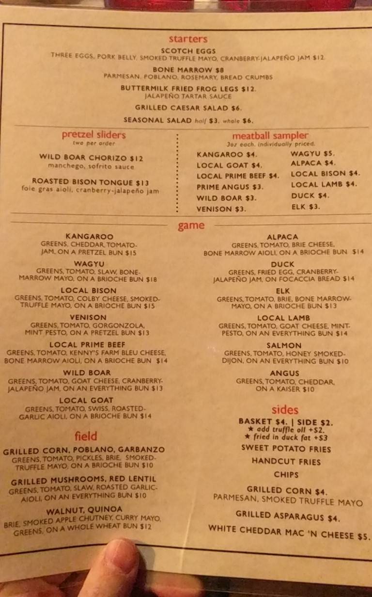 Menu at Game Restaurant, Louisville, Lexington Rd