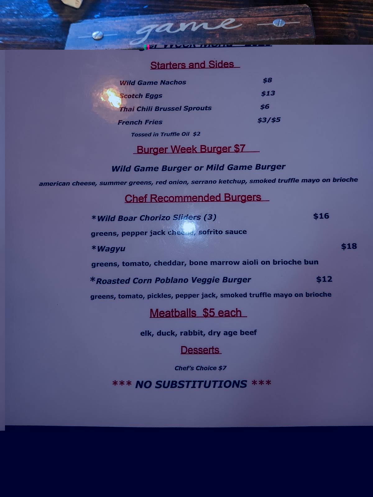 Menu at Game Restaurant, Louisville, Lexington Rd