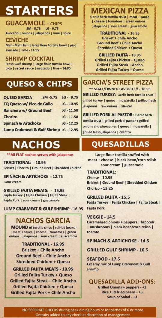 Menu at Garcia's Famous Mexican Food restaurant, Covington