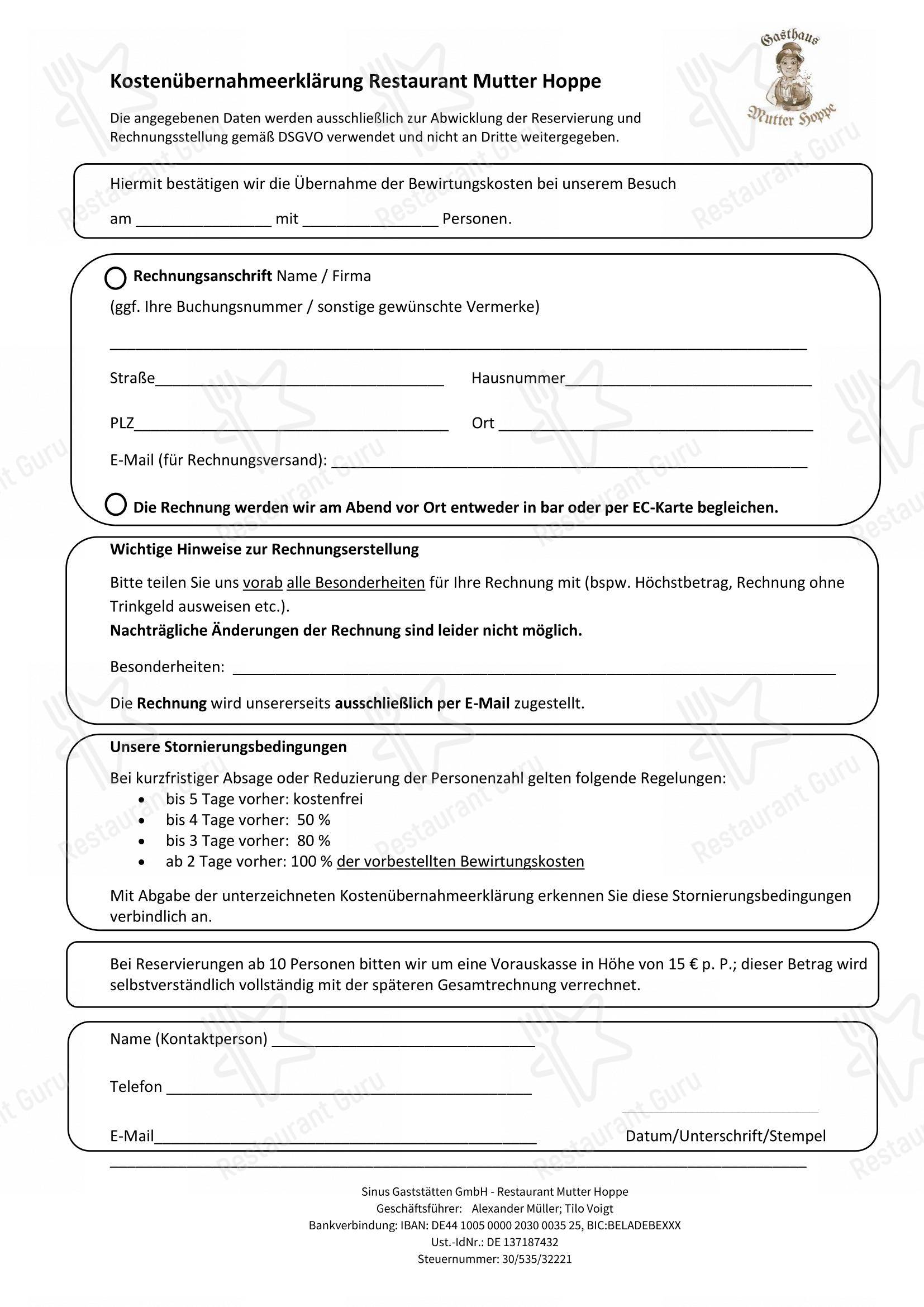 Menu bar pour Gasthaus Mutter Hoppe dans Berlin