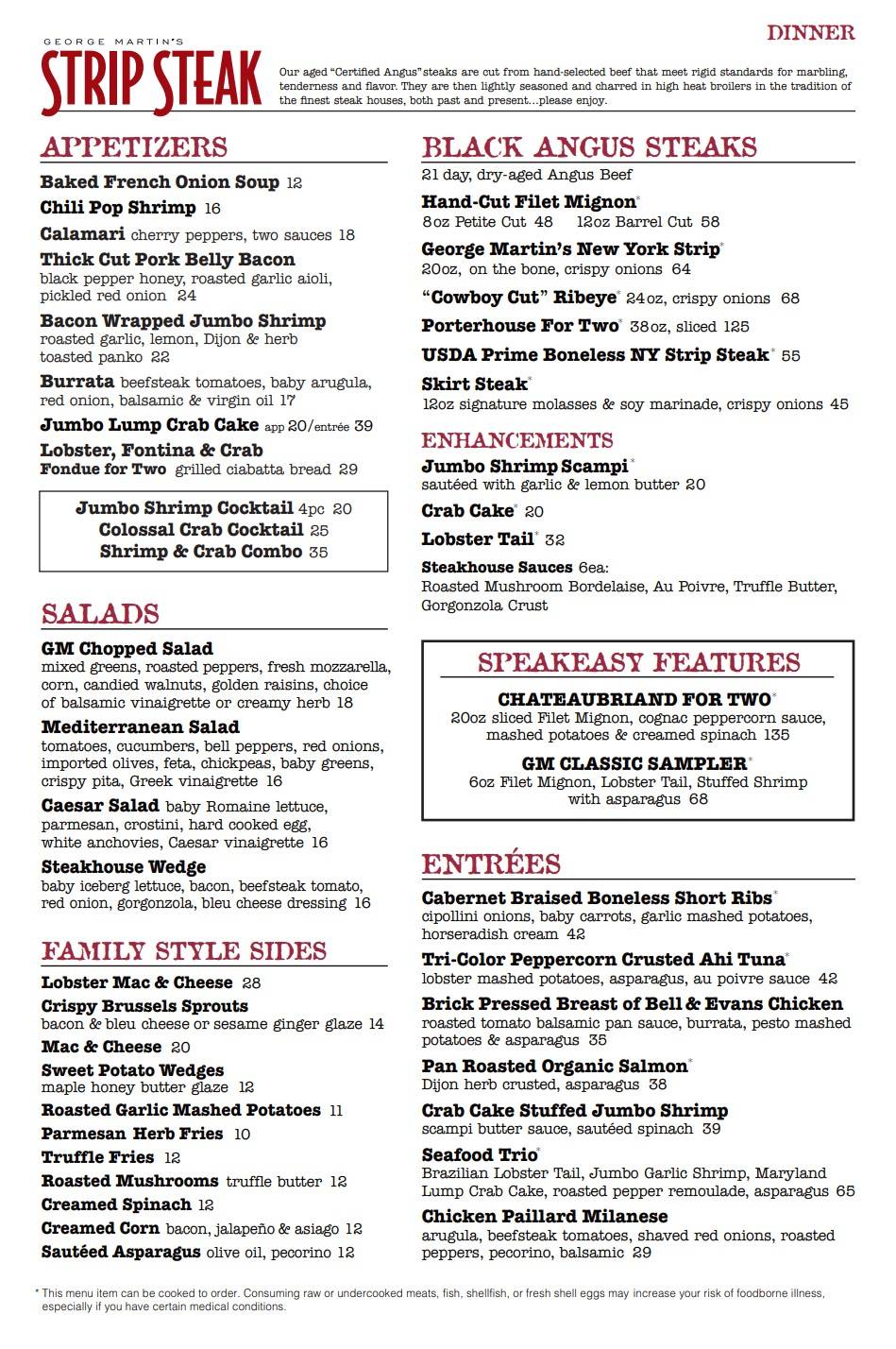 Carta de parrilla Martin's Strip Steak, Great River