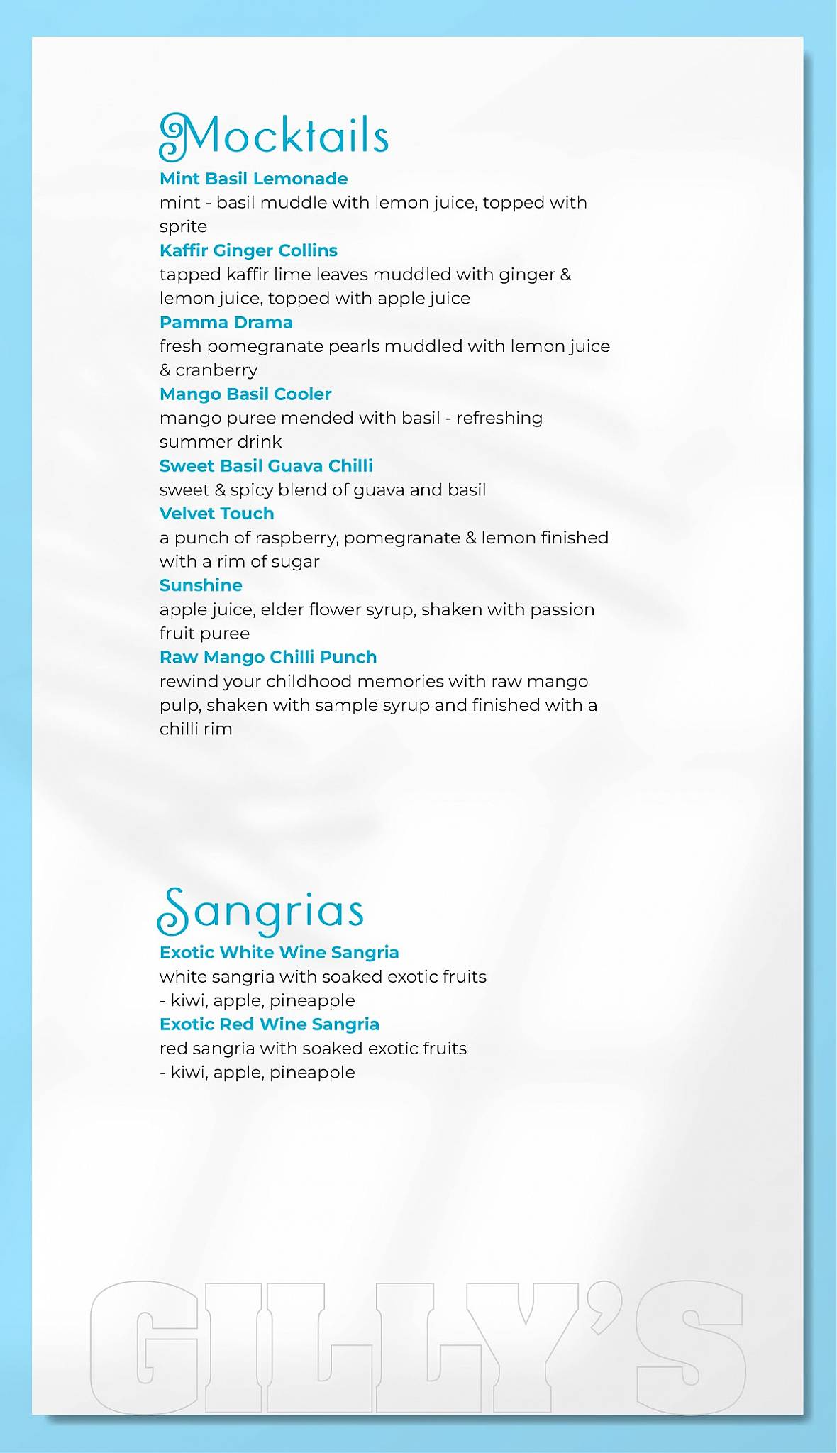 Gilly's Restobar menu