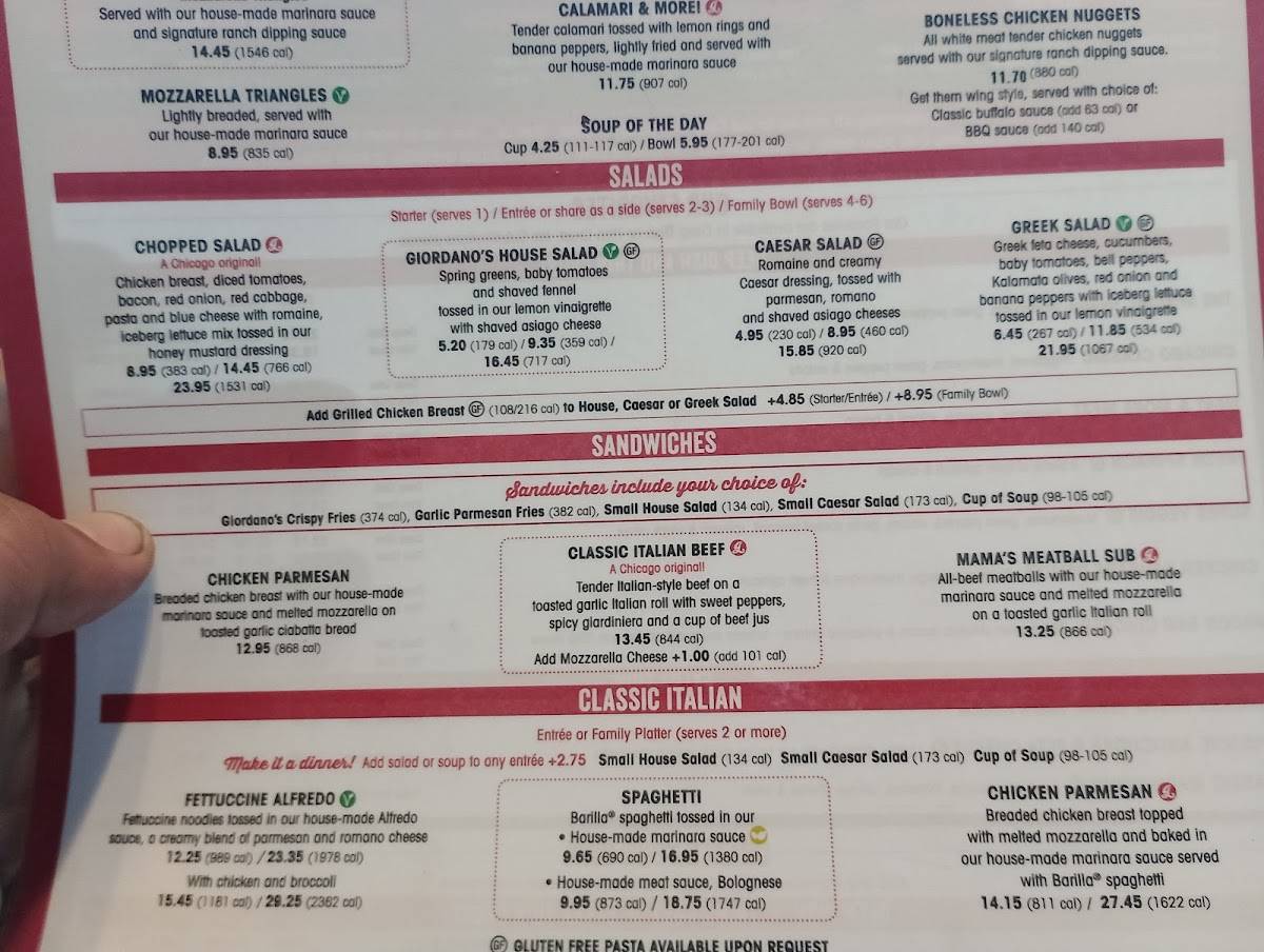 Menu at Giordano's pizzeria, Fort Wayne