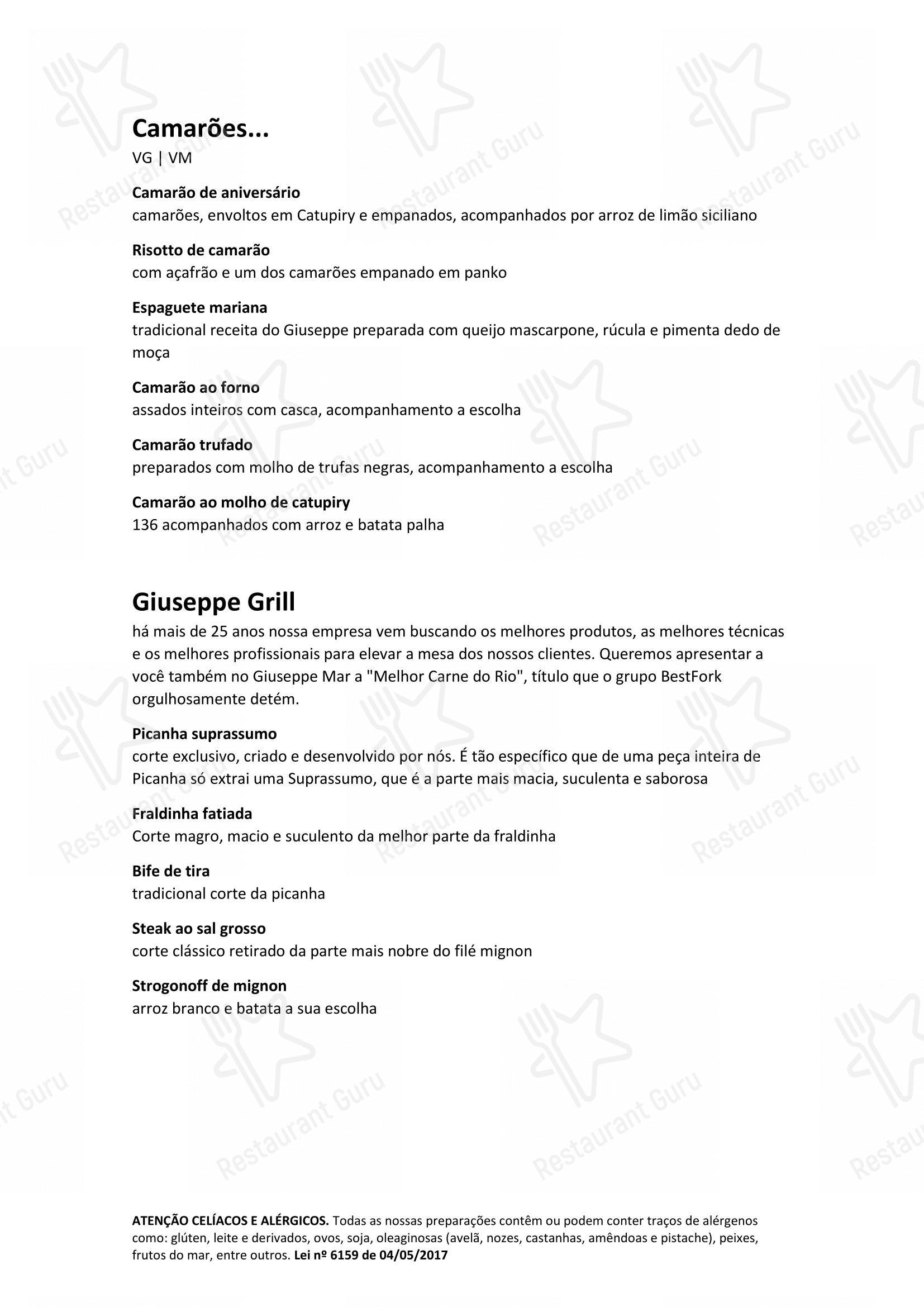 Menu para Giuseppe Mar restaurante