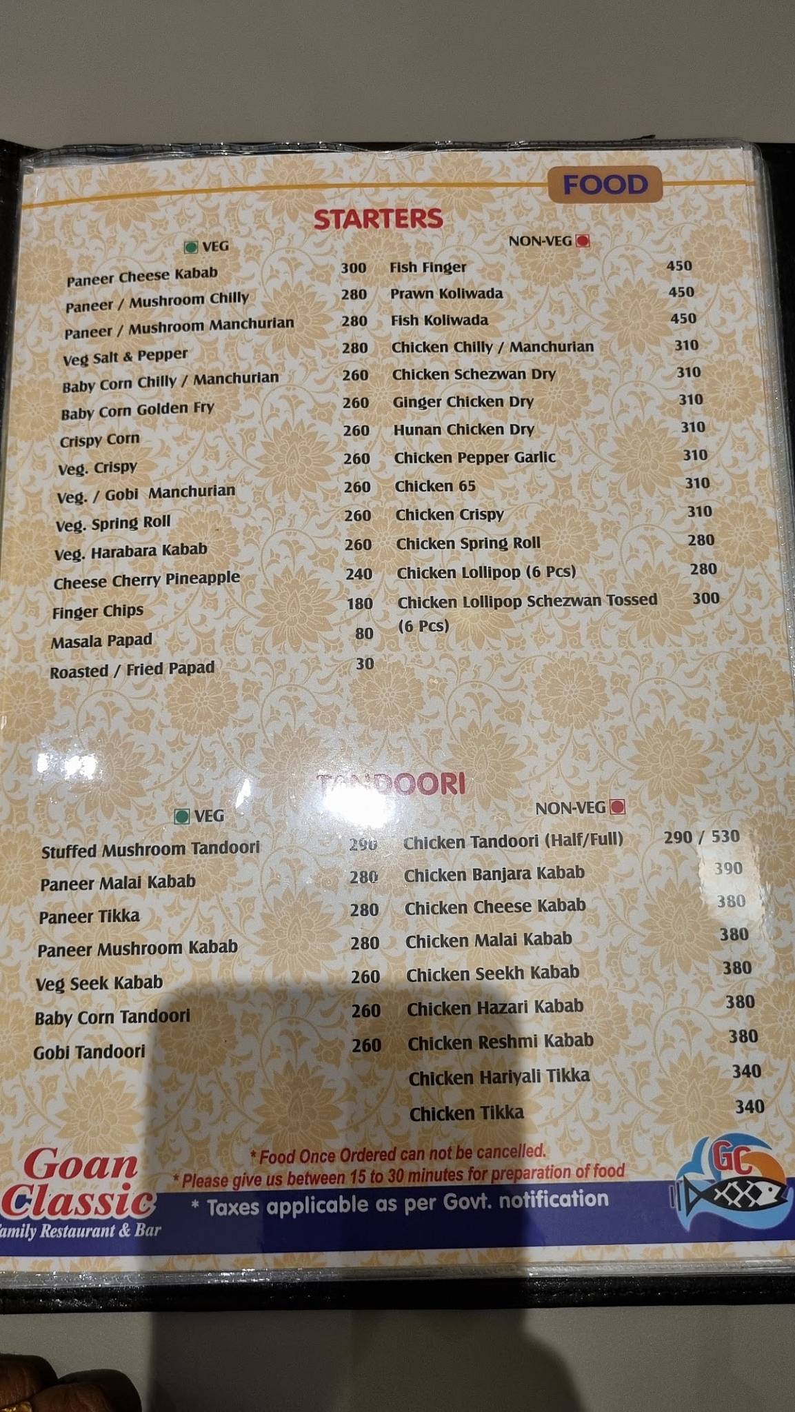 Goan Classic Family Restaurant and Bar menu