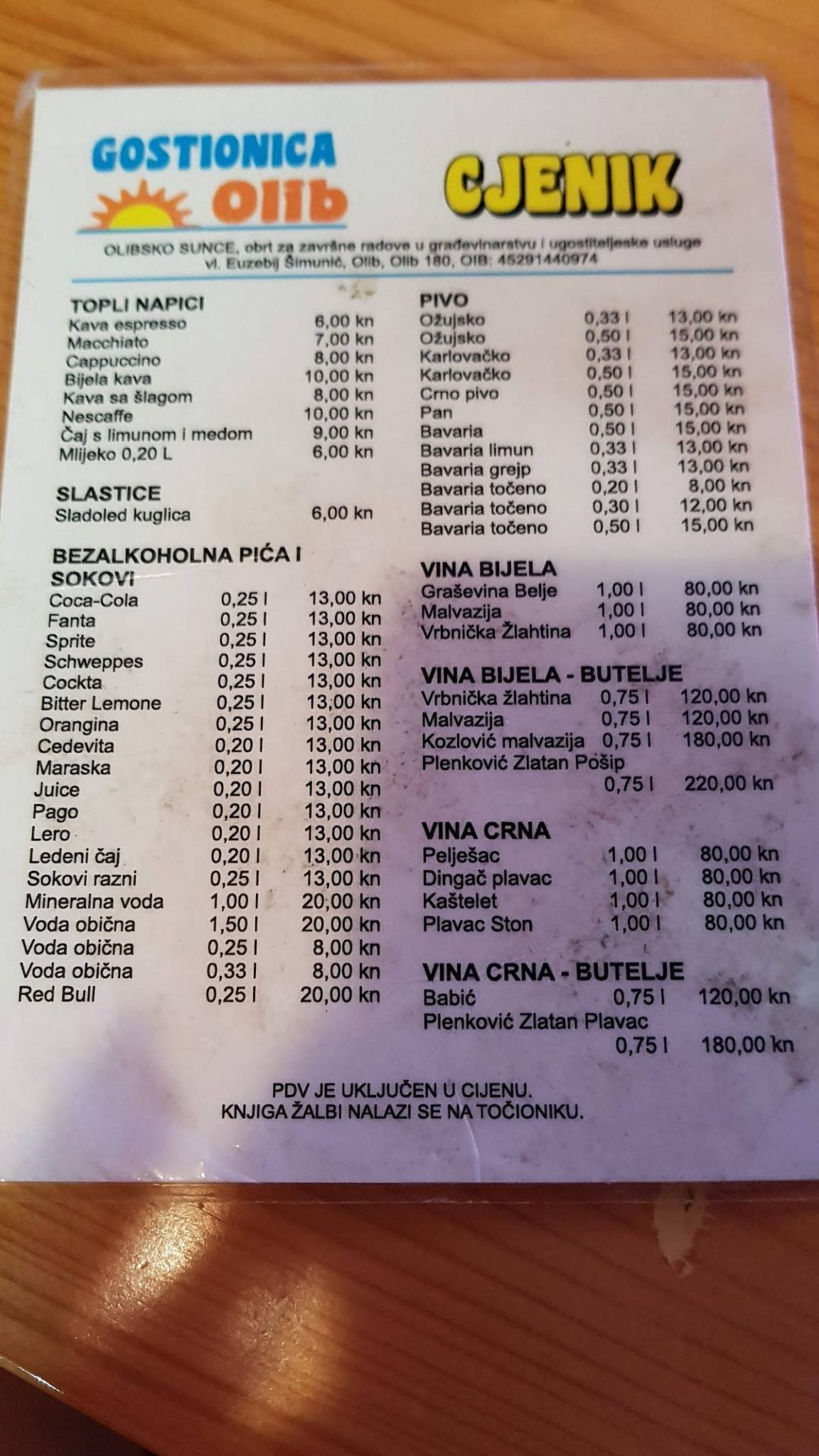 Menu di Gostionica Olib 