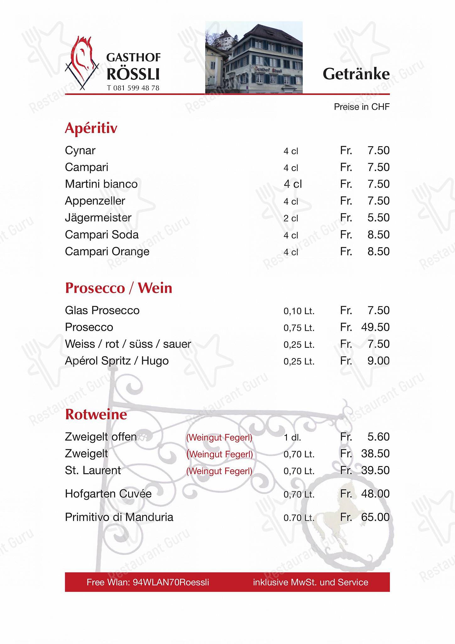 Menu di Gasthof Rössli - Wine Menu