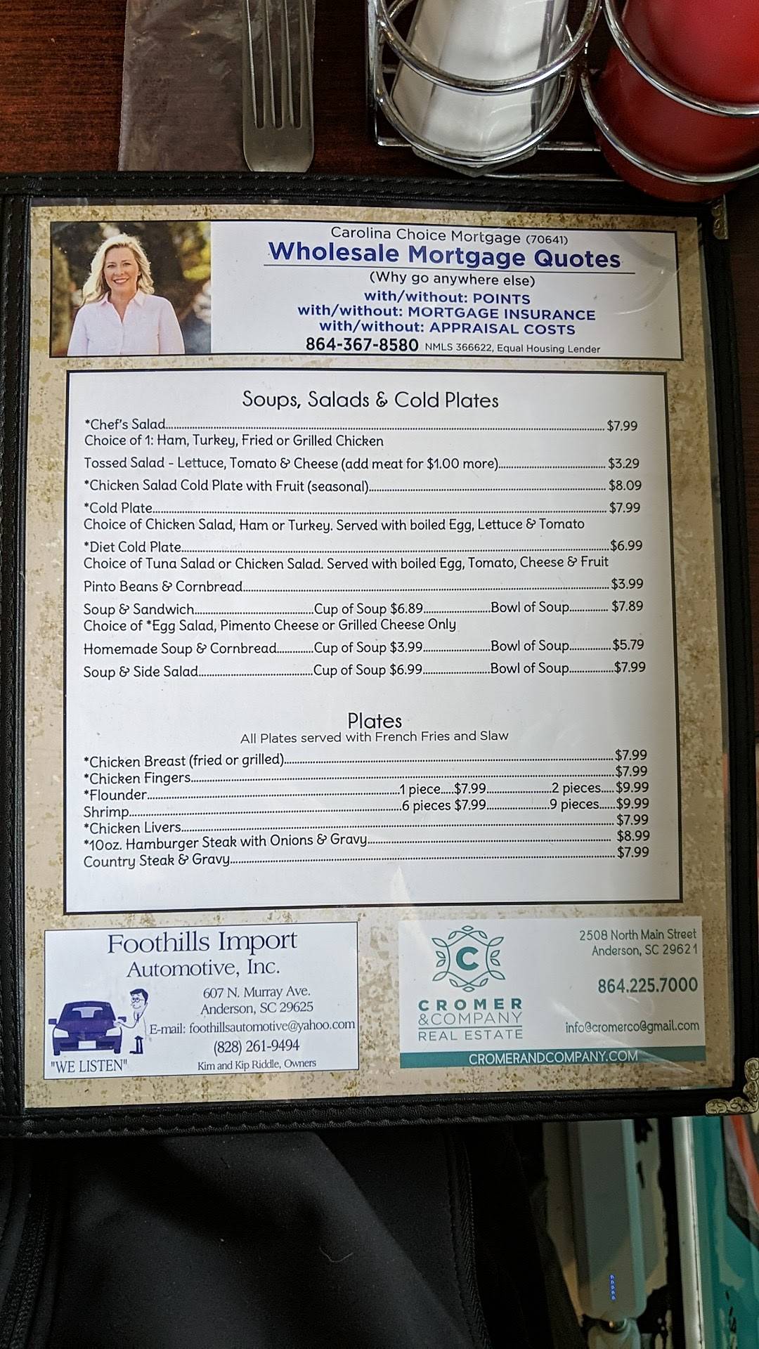 Menu at Grace's Restaurant Anderson, Anderson