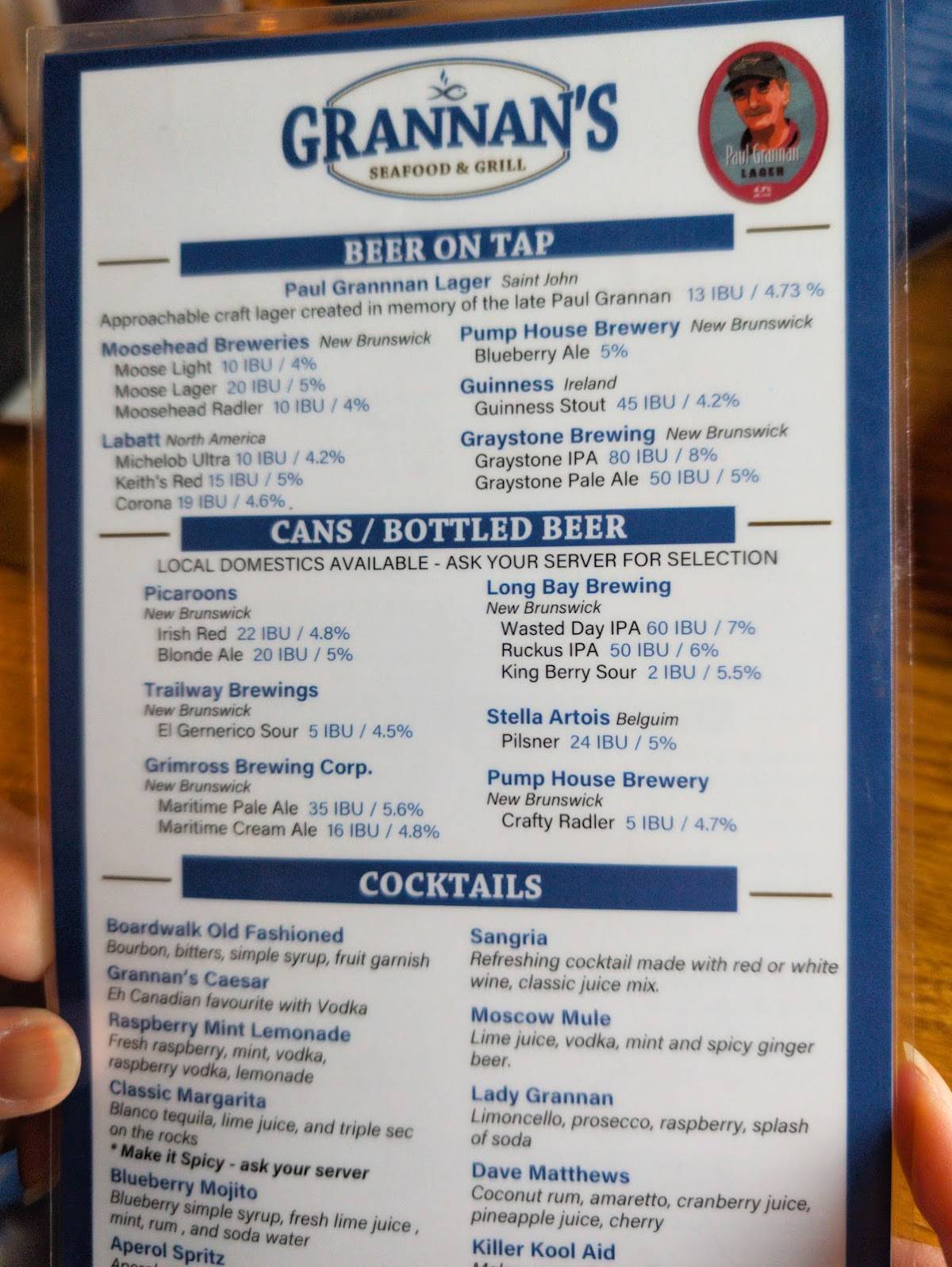Menu at Grannan's Seafood restaurant, Saint John