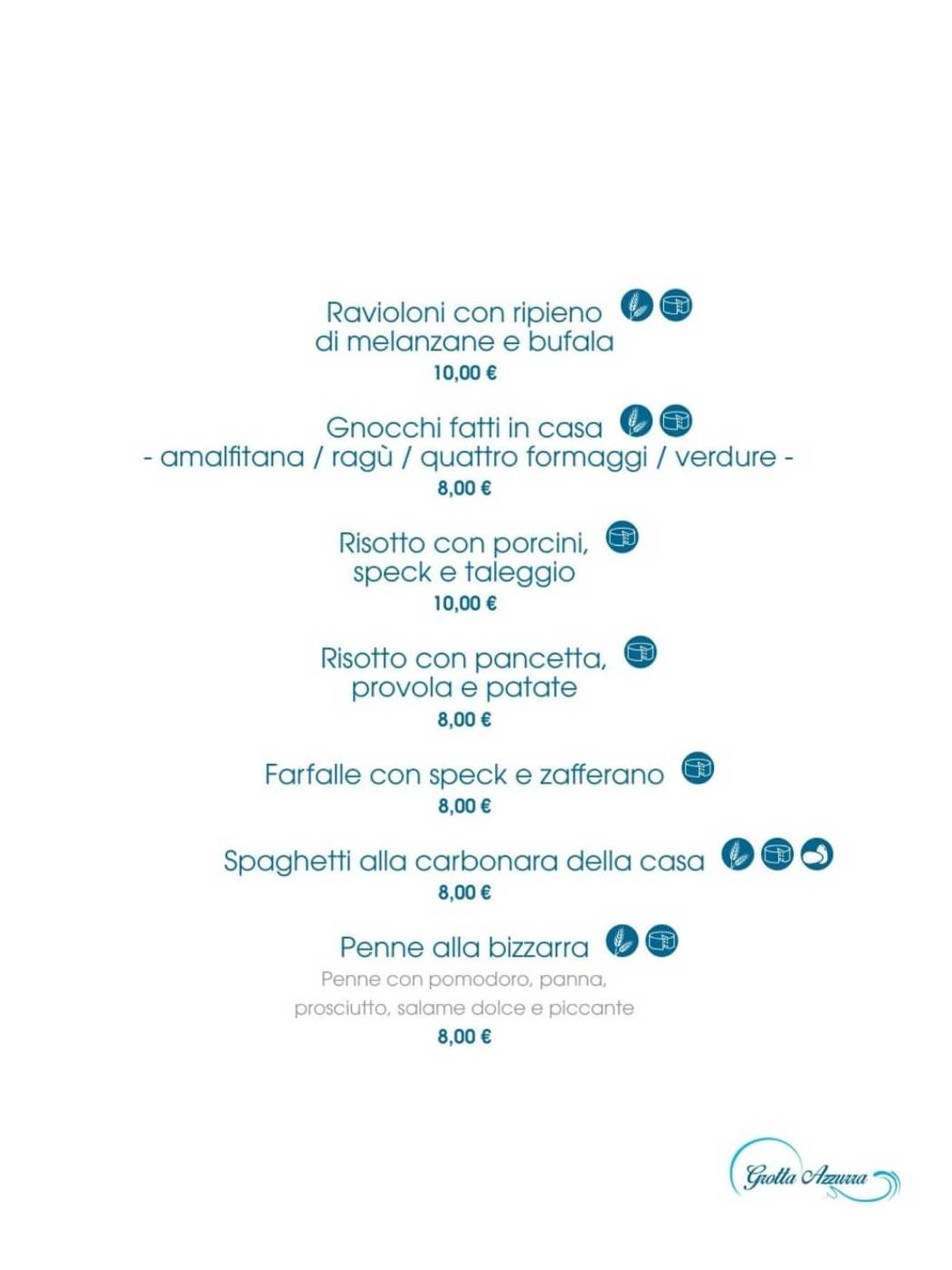 Menu di Grotta Azzurra - Ristorante Pizzeria 