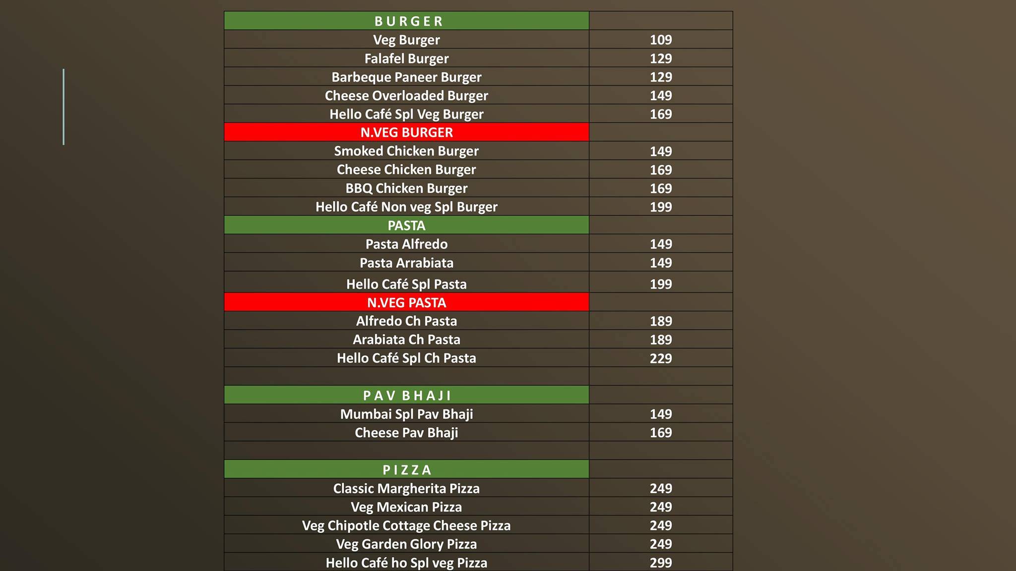 HELLO, CAFE ho! menu