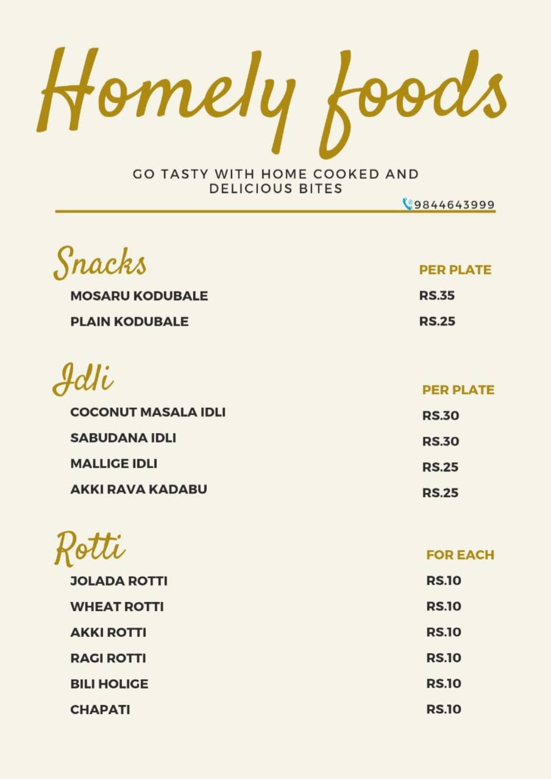 HOMELY FOODS menu
