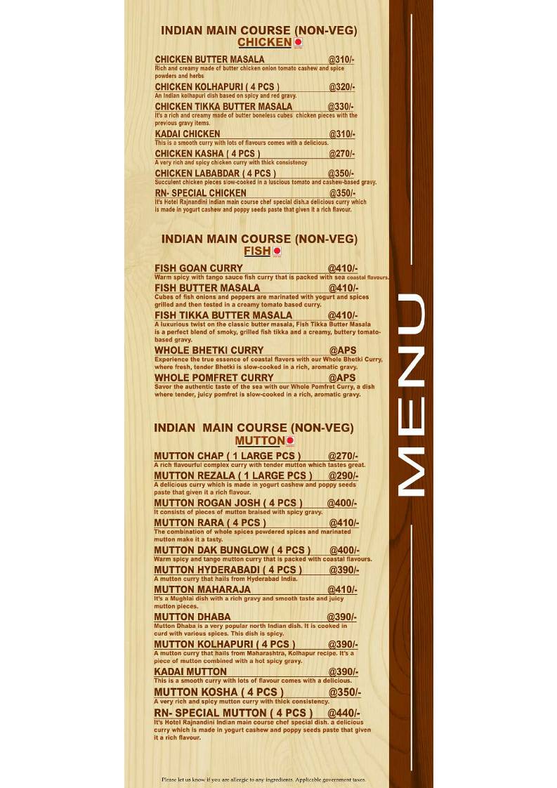 HOTEL RAJNANDINI menu