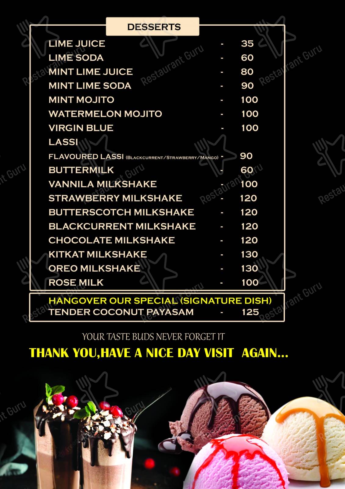 Hangover Restaurant menu - meals and drinks