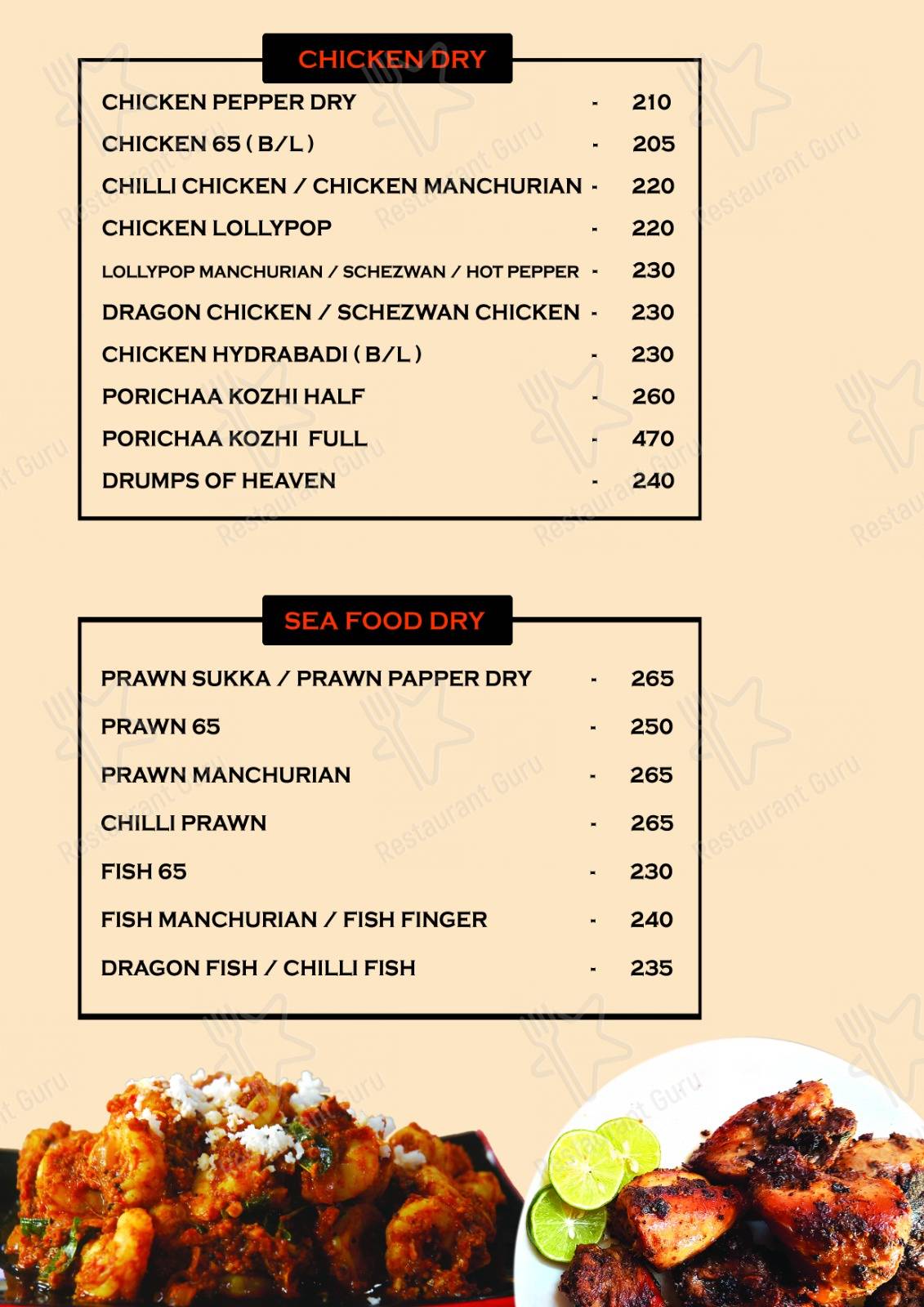 Hangover Restaurant menu - meals and drinks