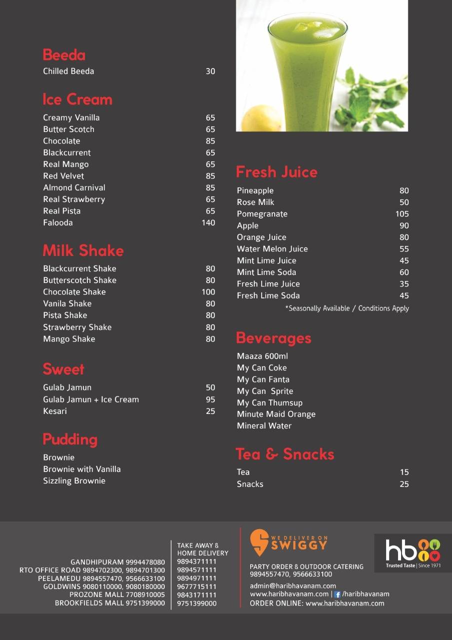 Haribhavanam Hotel - Brookefields menu