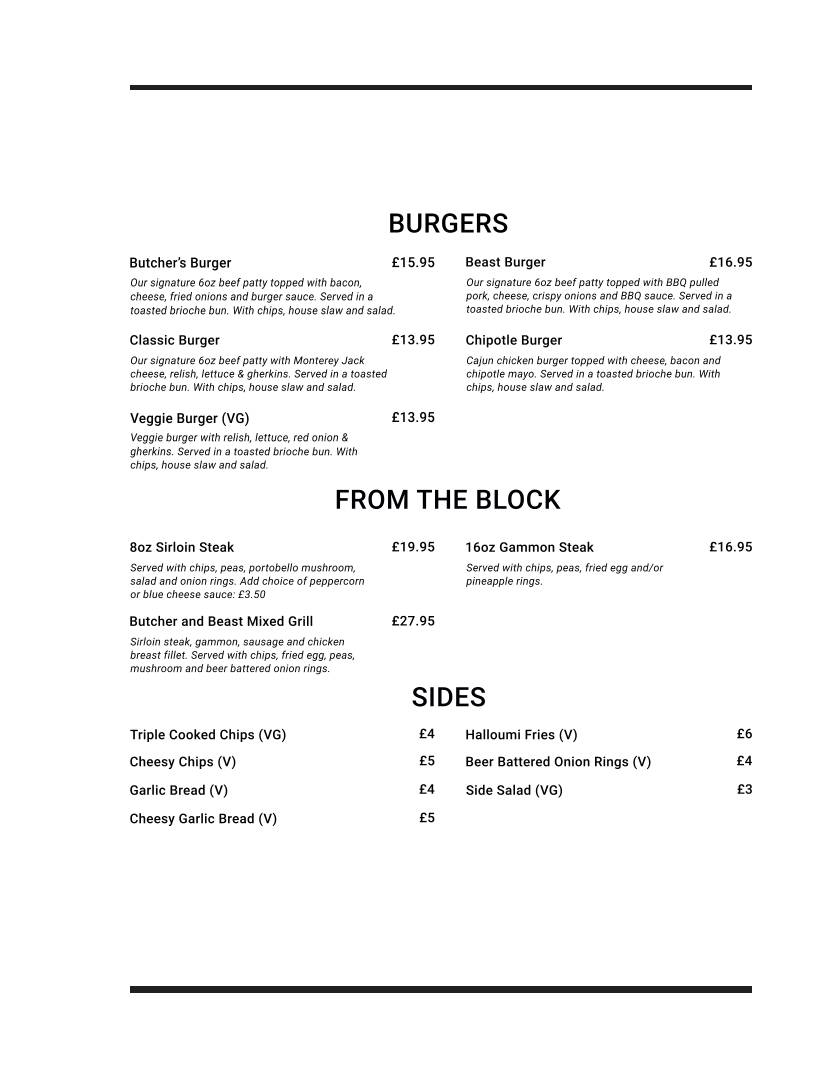 Menu at Butcher & Beast pub & bar, Lincoln