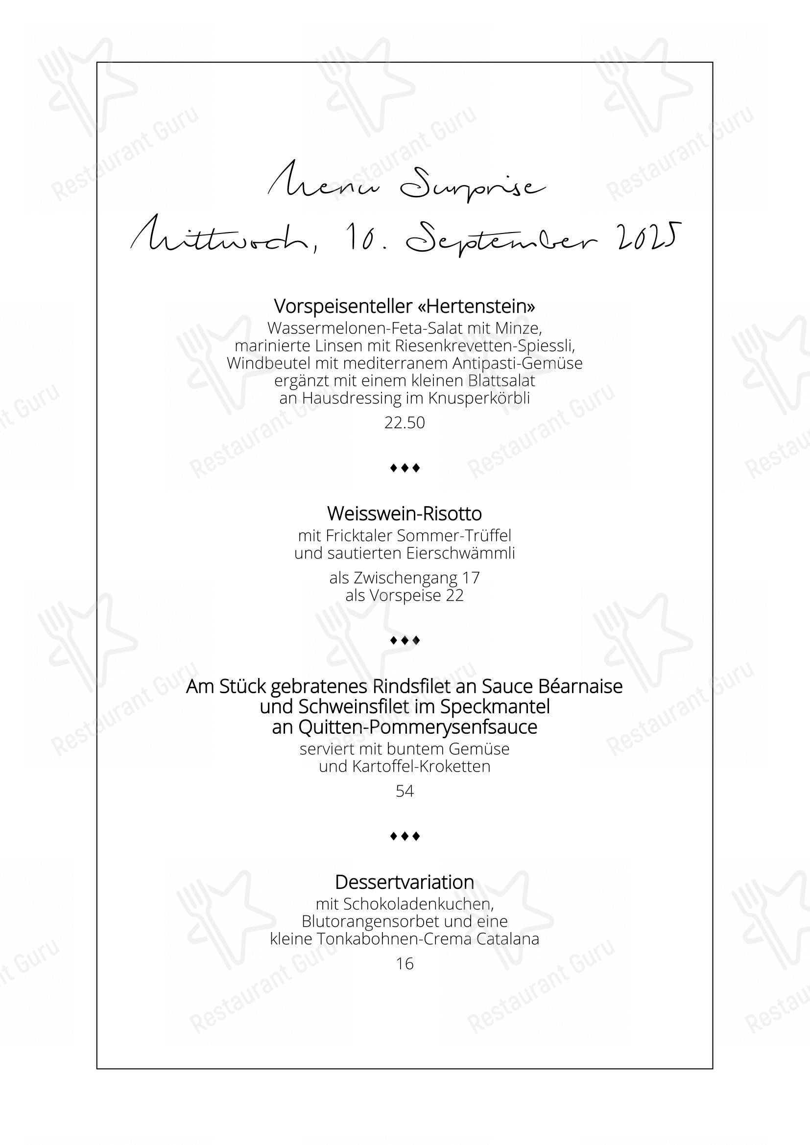 Menu pour Hertenstein Panorama Restaurant - Основное меню