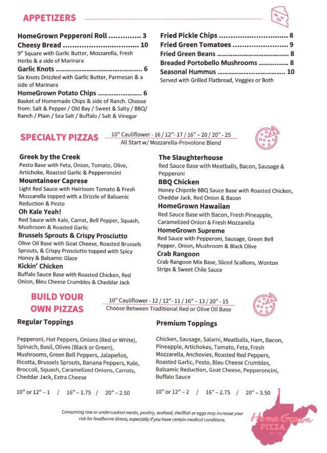Menu at Homegrown Pizza pizzeria,
