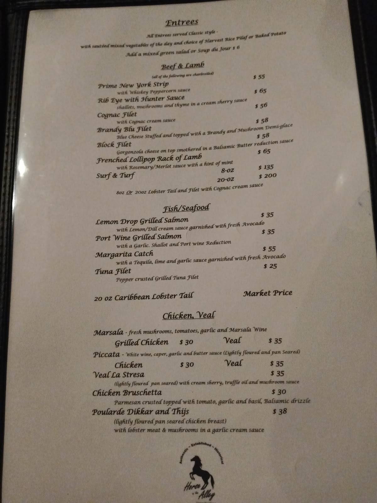 Menu at Horse in the Alley steakhouse, Bakersfield