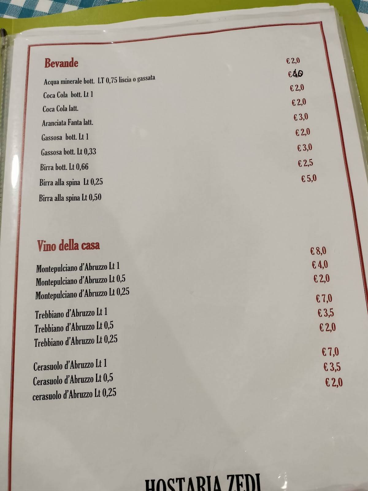Menu di Hostaria Zedi 