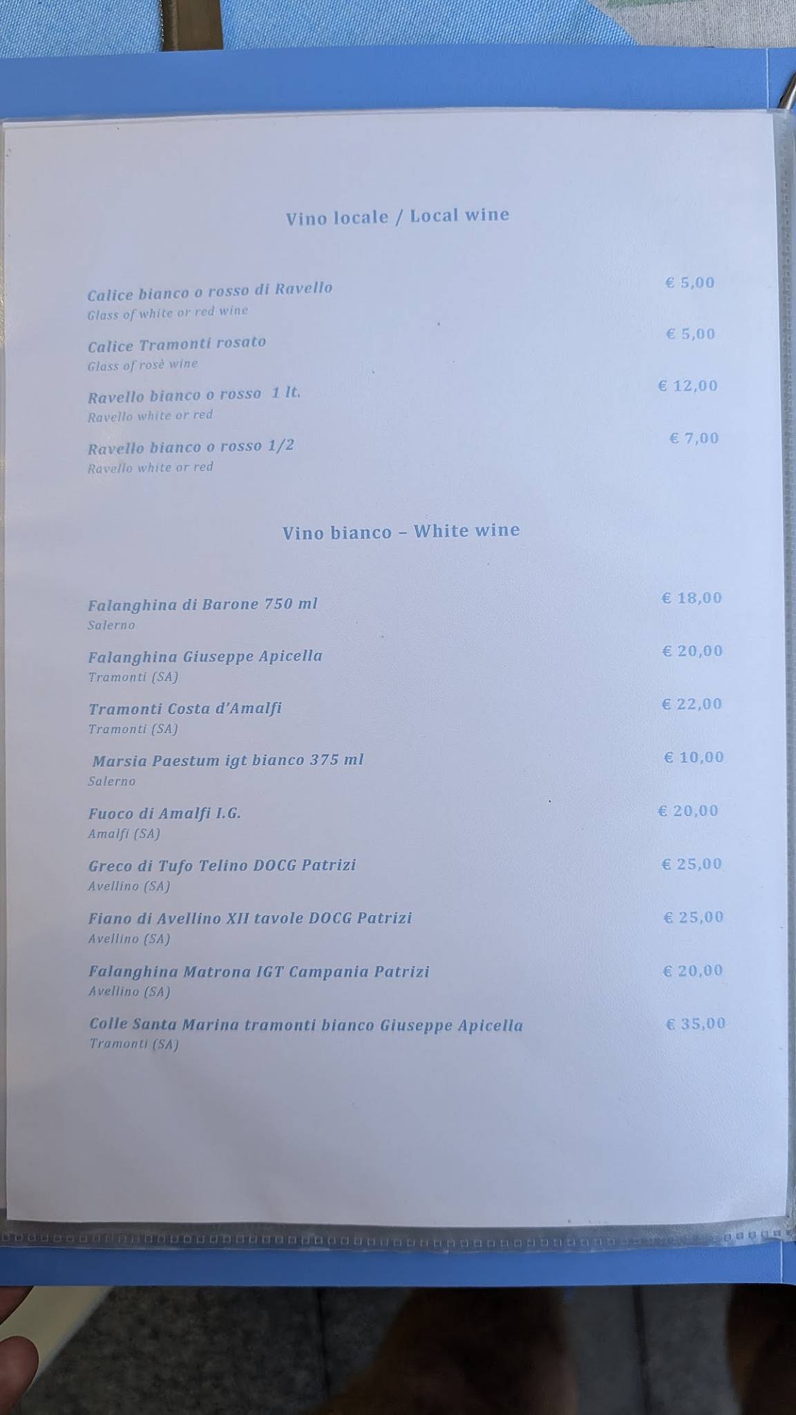 Menu di Hostaria del Corso 