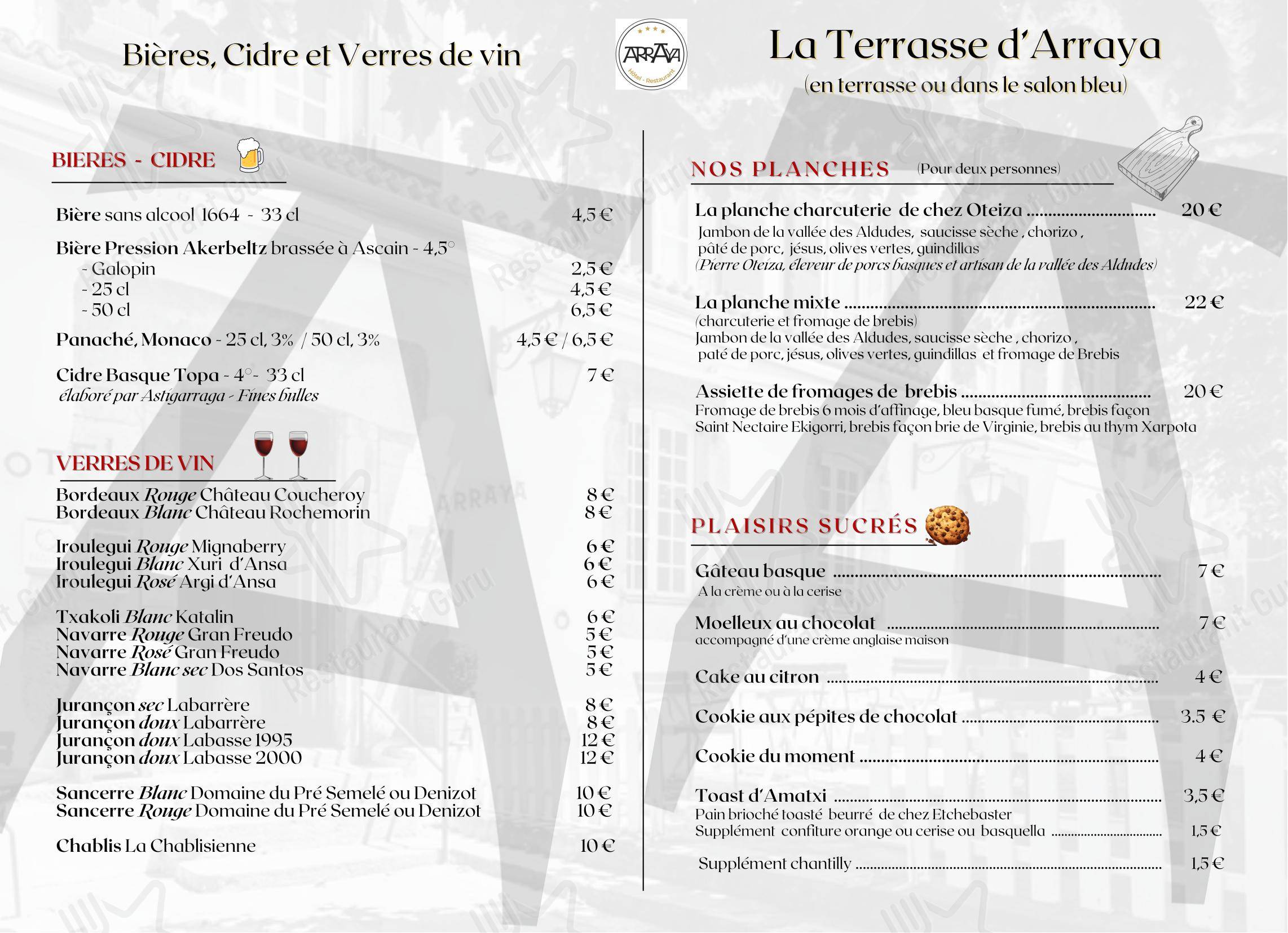 Hôtel Arraya dans Sare - 菜单