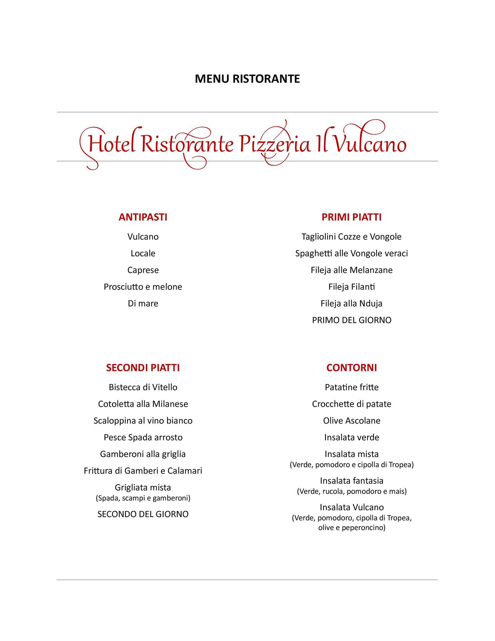 Menu di Hotel Ristorante Pizzeria Il Vulcano 