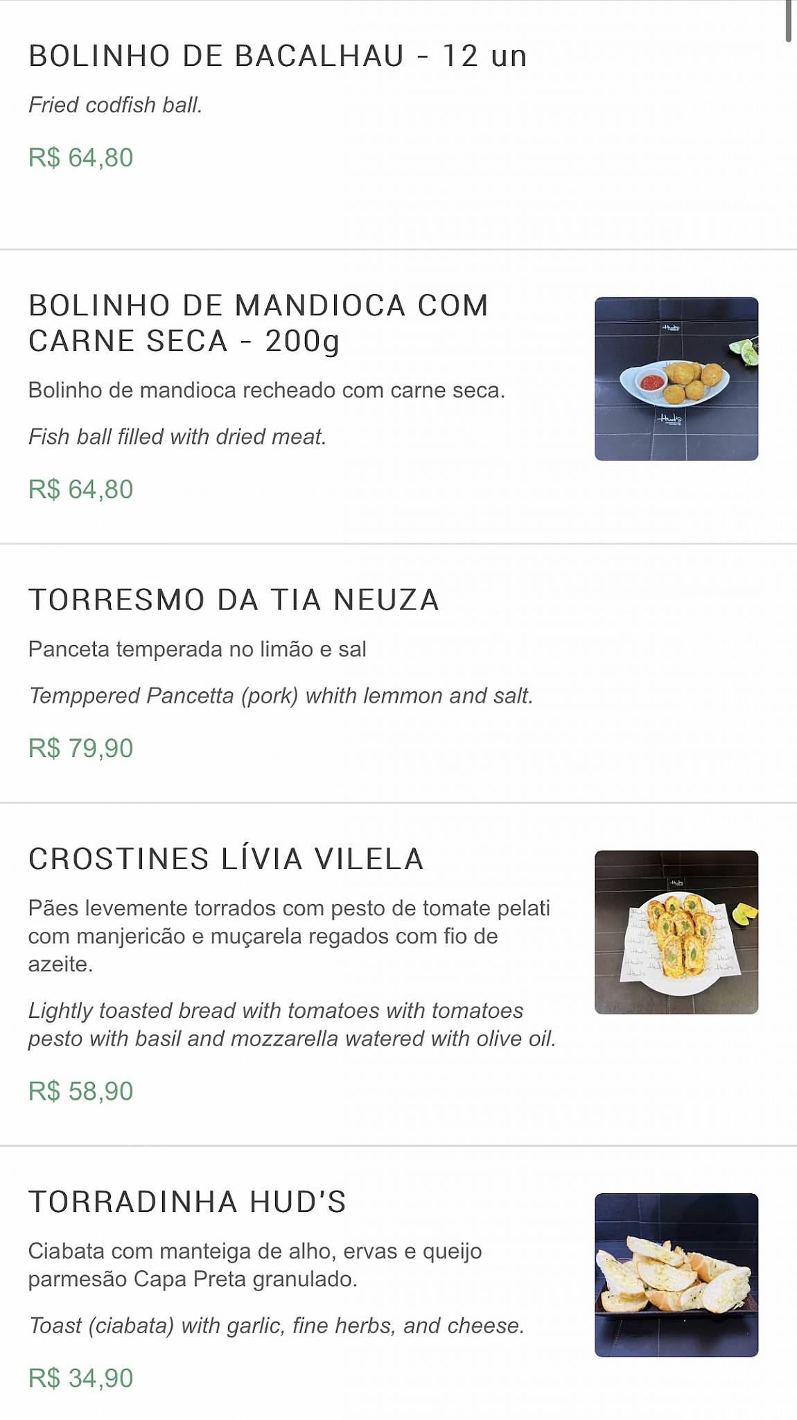 Hud's Restaurante cardápio