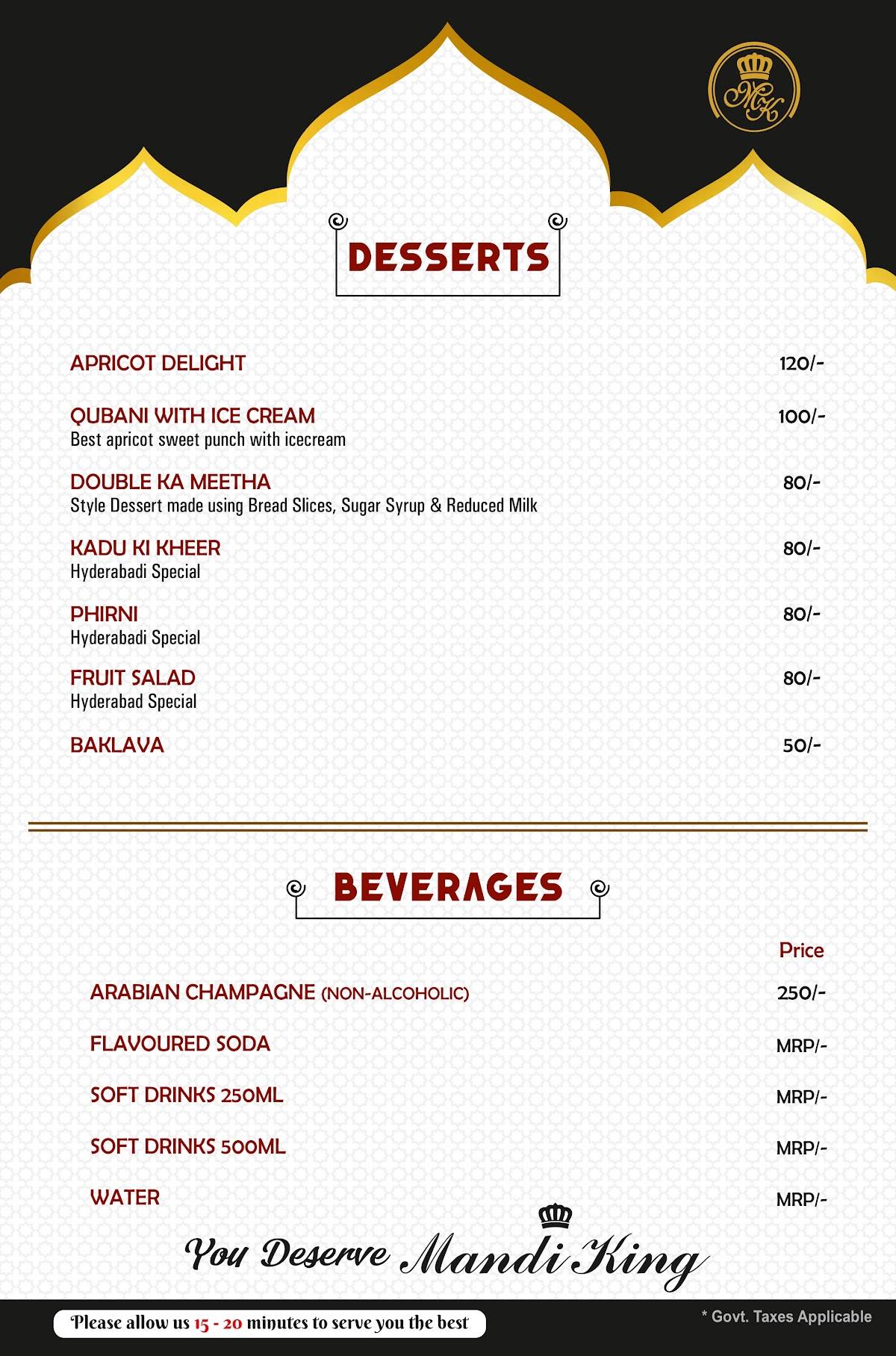 Mandi King Arabian Restaurant menu