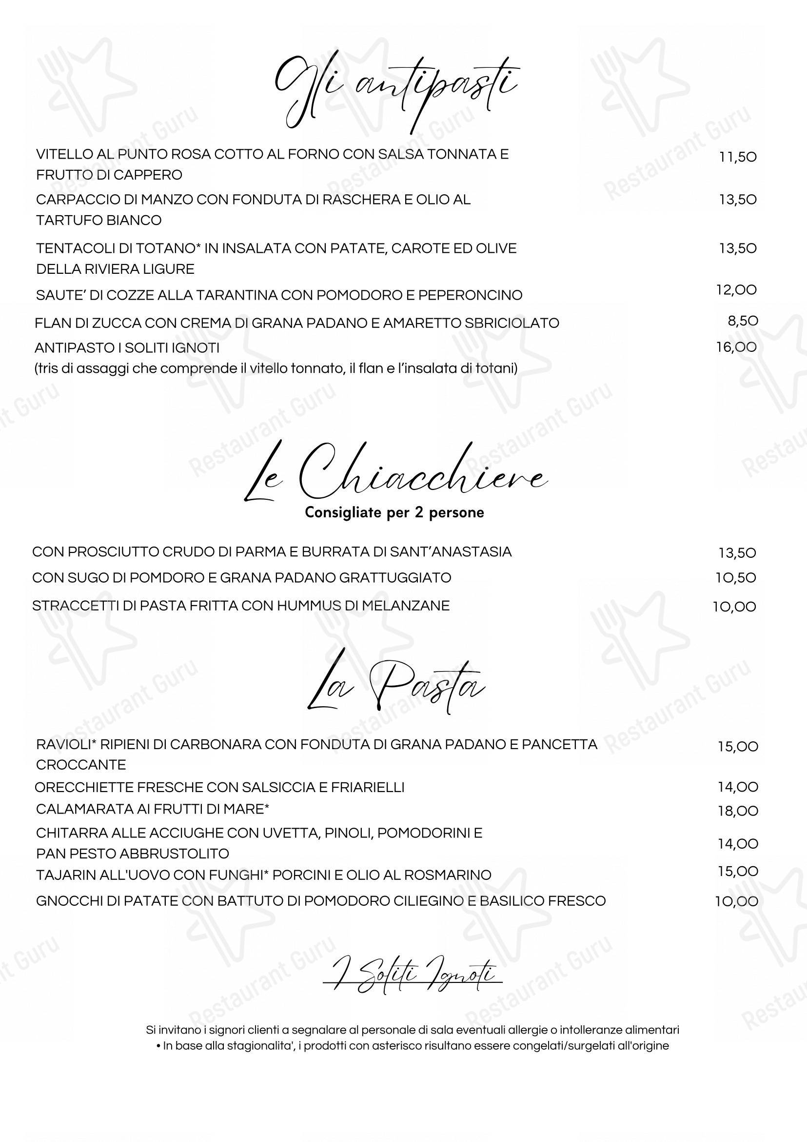 Menu per I Soliti Ignoti in Torino