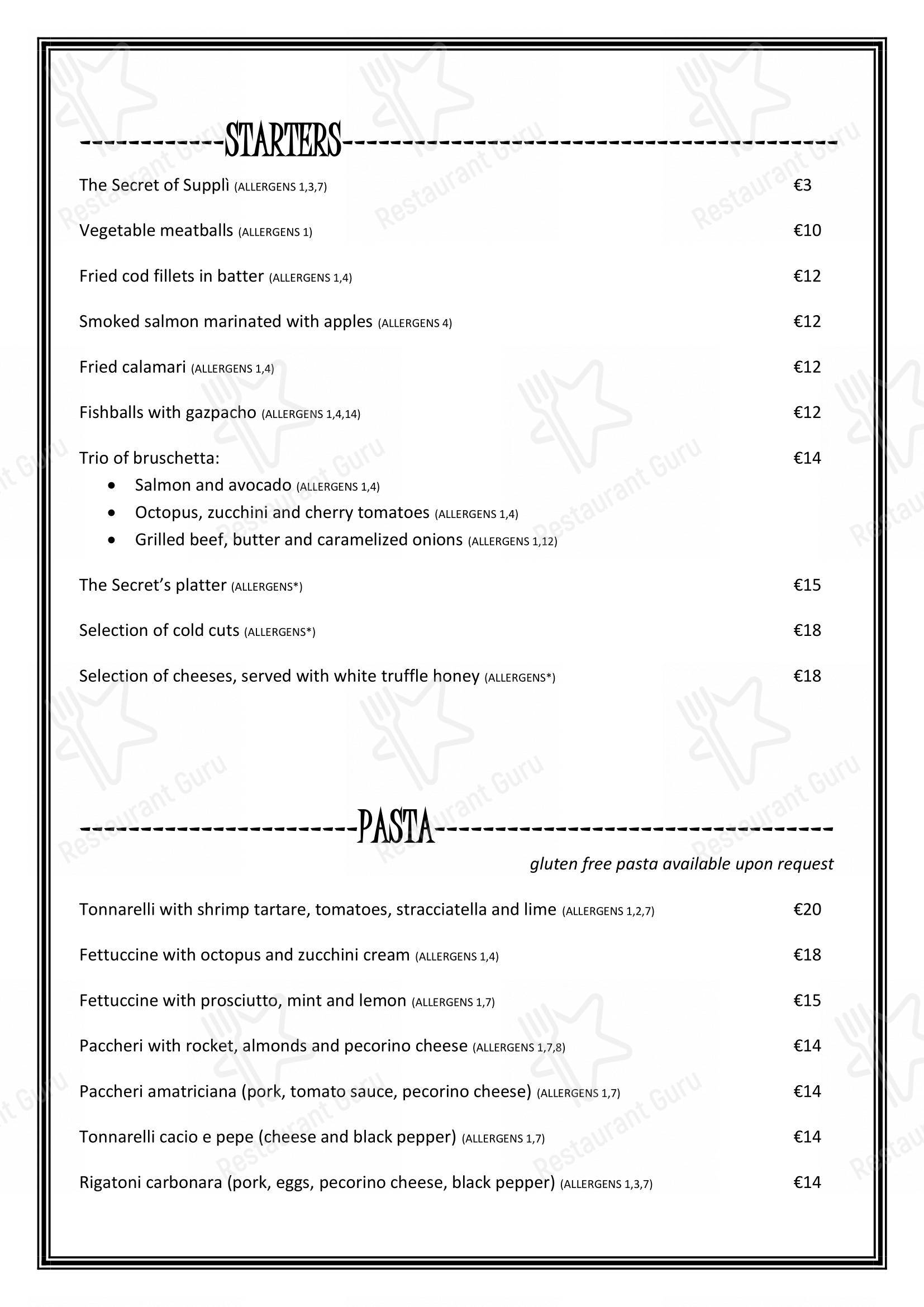 Menu di Il Segreto - Italian restaurant near the Vatican - Menu bar