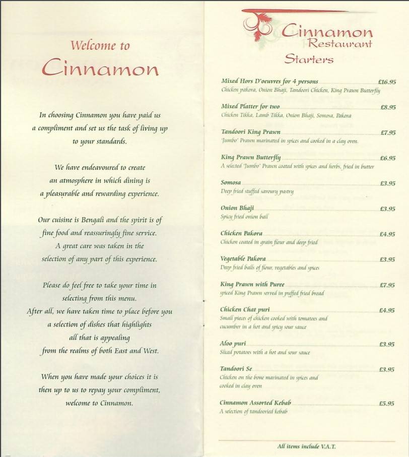 Menu at Cinnamon Restaurant, Inverness