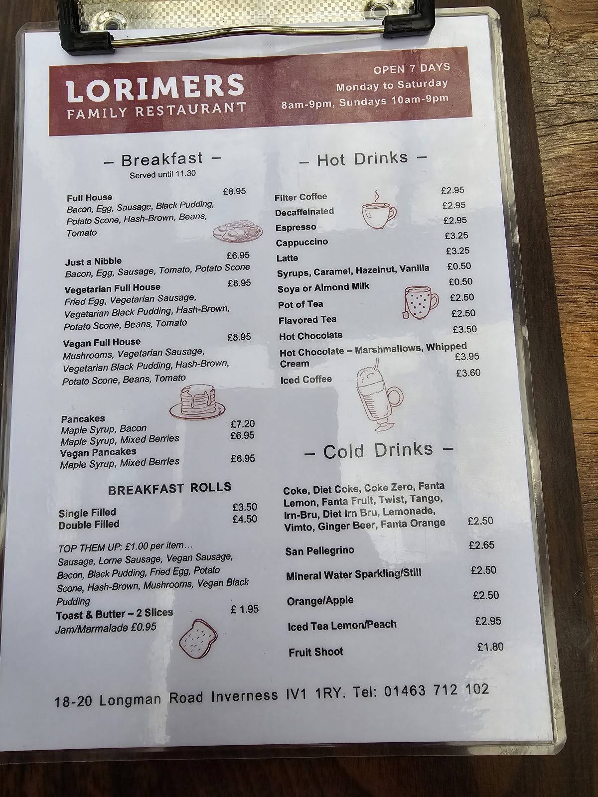 Menu at Lorimers Family Restaurant, Inverness, 18-20 Longman Rd