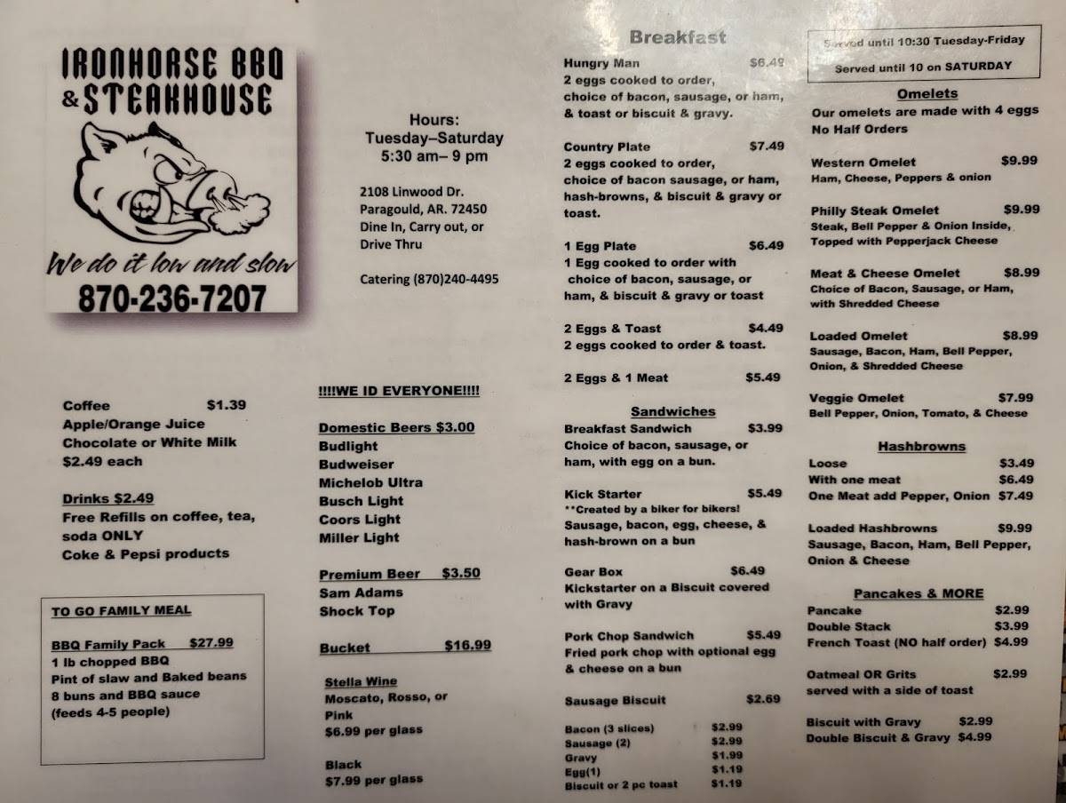 Menu at Ironhorse Barbeque And Steakhouse, Paragould