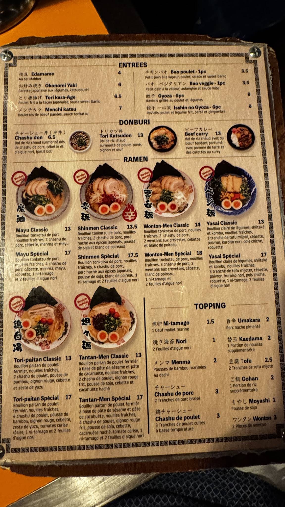 Menu de Isshin Ramen