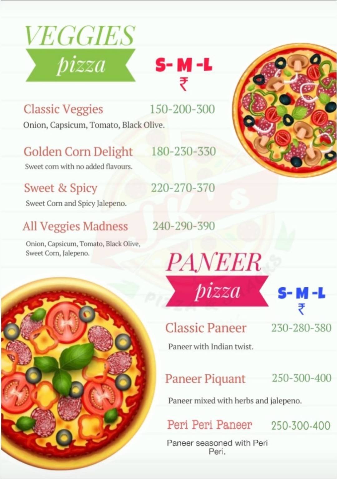 JK's Pizza & Snacks menu