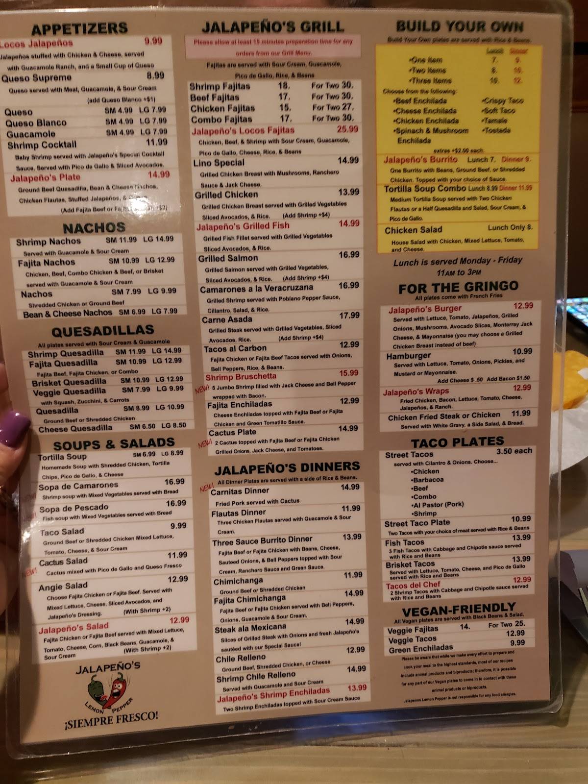 Menu at Jalapeño's Lemon Pepper Waxahachie restaurant, Waxahachie