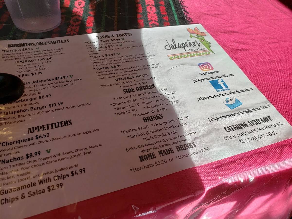 Menu at Jalapeños Mexican Food restaurant, Nanaimo