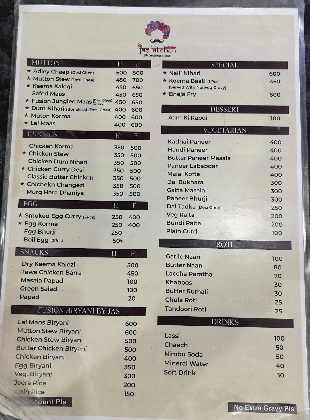 Jas Kitchen menu