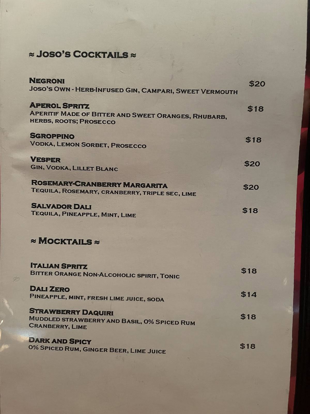 Menu de Joso's