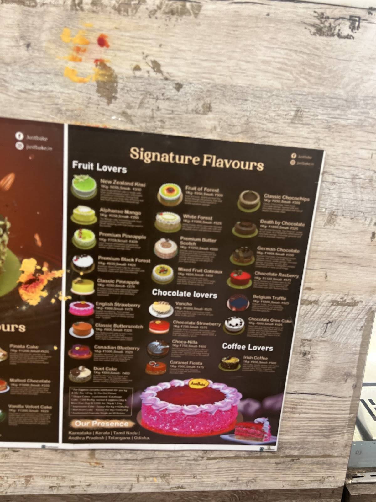 Just Bake Dharga Hosur menu