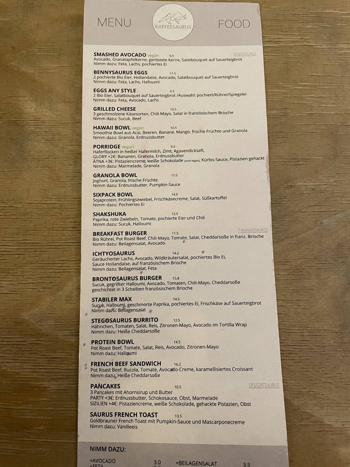 Menu de Kaffeesaurus
