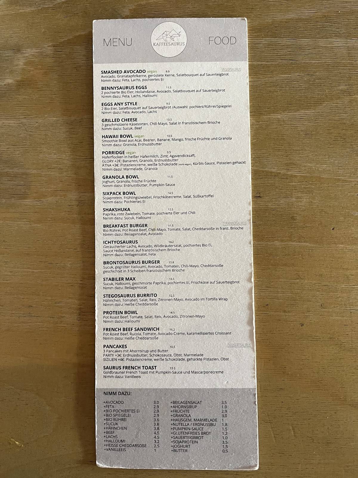 Menu de Kaffeesaurus