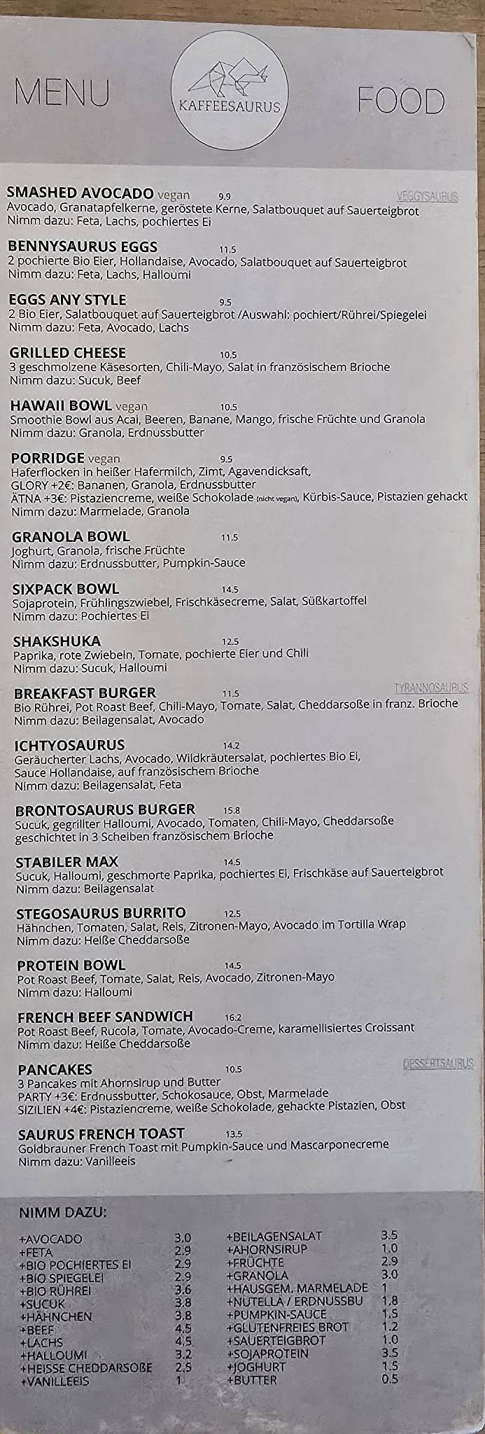 Menu de Kaffeesaurus