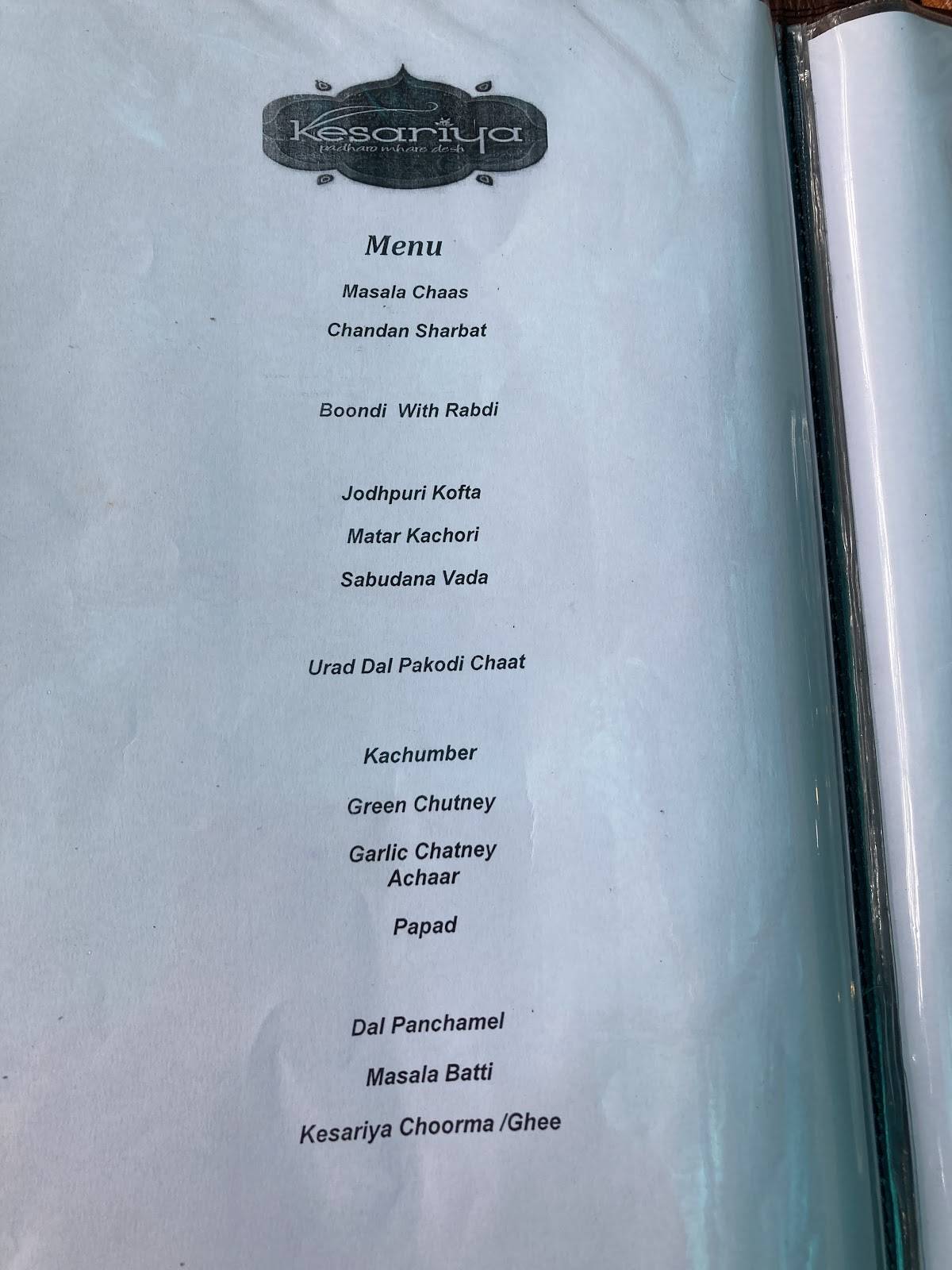 Kesariya Restaurant menu