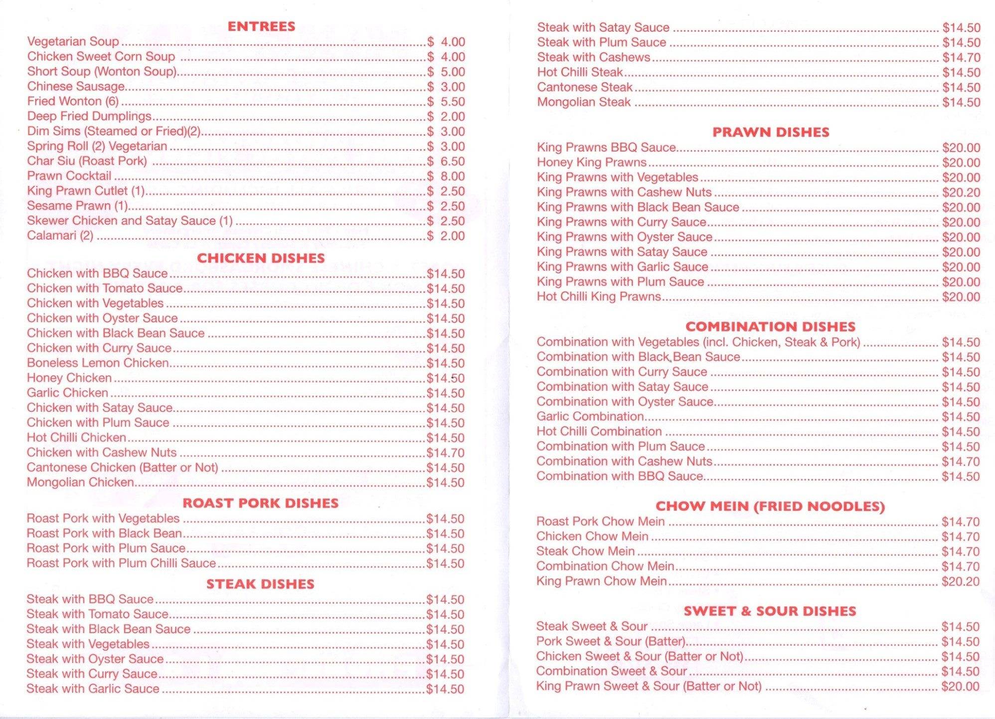 Menu at King City restaurant, Shepparton