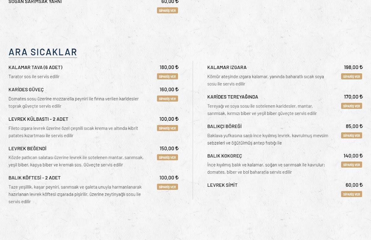 Menu de Kıraça Balık Lokantası Tuzla Sahil