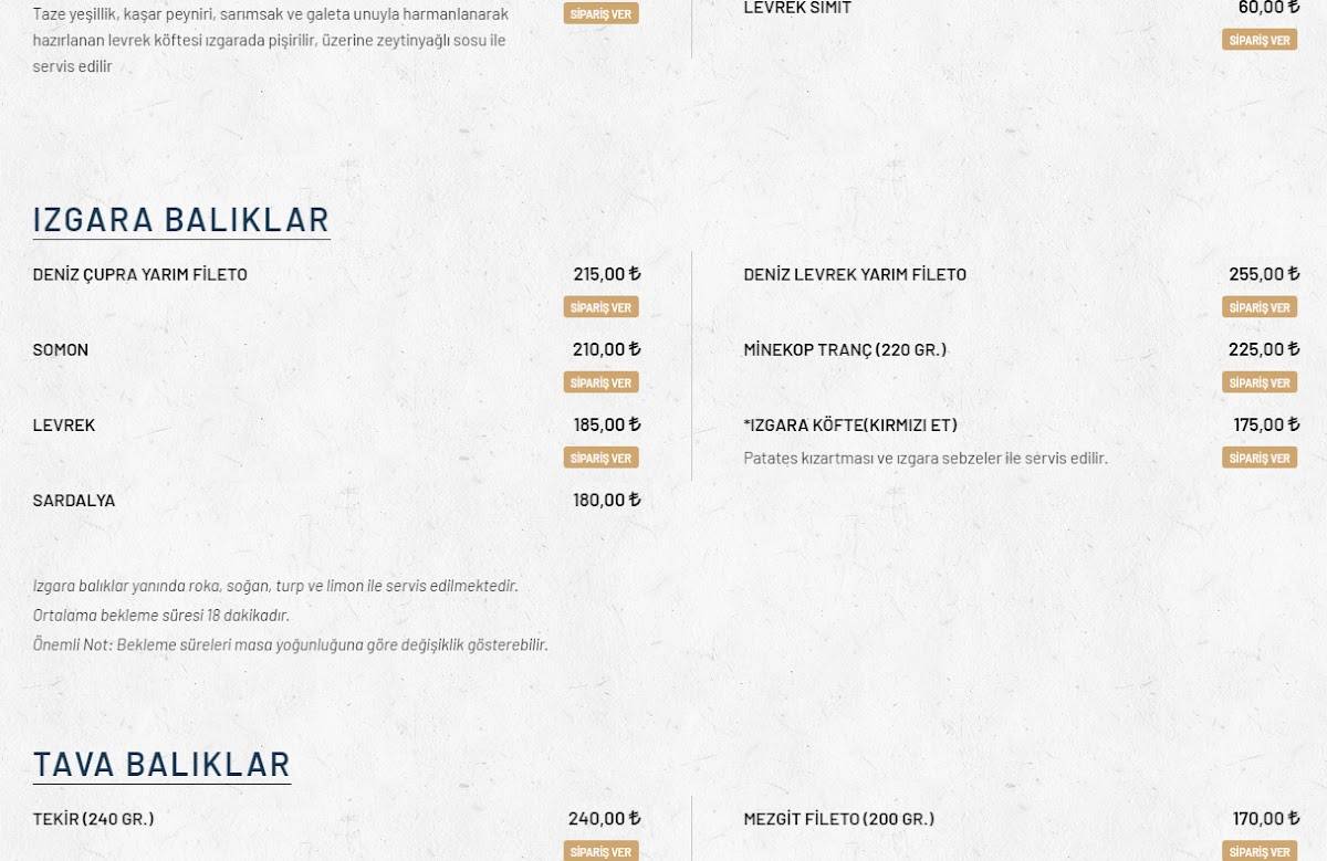 Menu de Kıraça Balık Lokantası Tuzla Sahil
