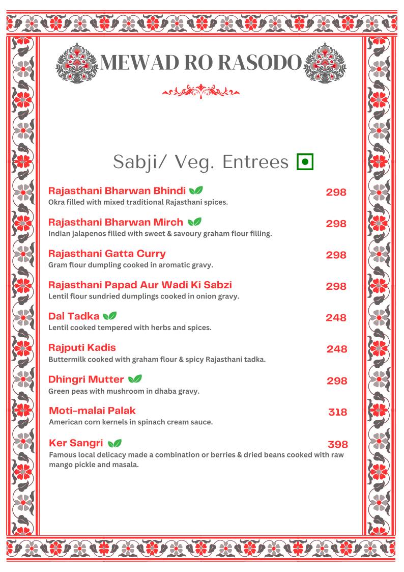 Kitchens of Mewar Restaurant menu